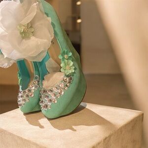 Breckelles Turquoise Floral Embellished Heels